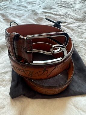 Berluti Scritto Leather Belt Brown Patina Silver Buckle Size 100
